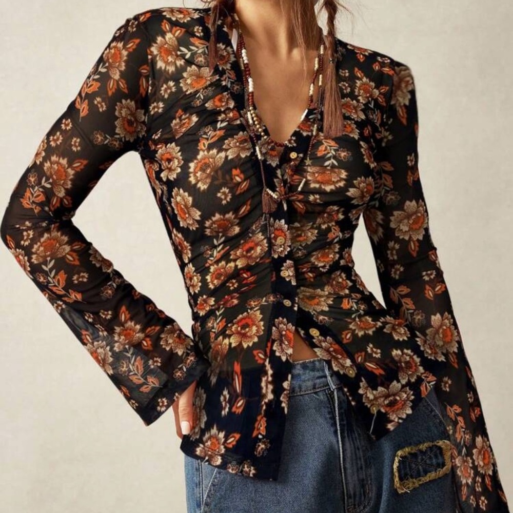 Bohemian Black Floral Button Bell Sleeve Top XS S M L XL XXL